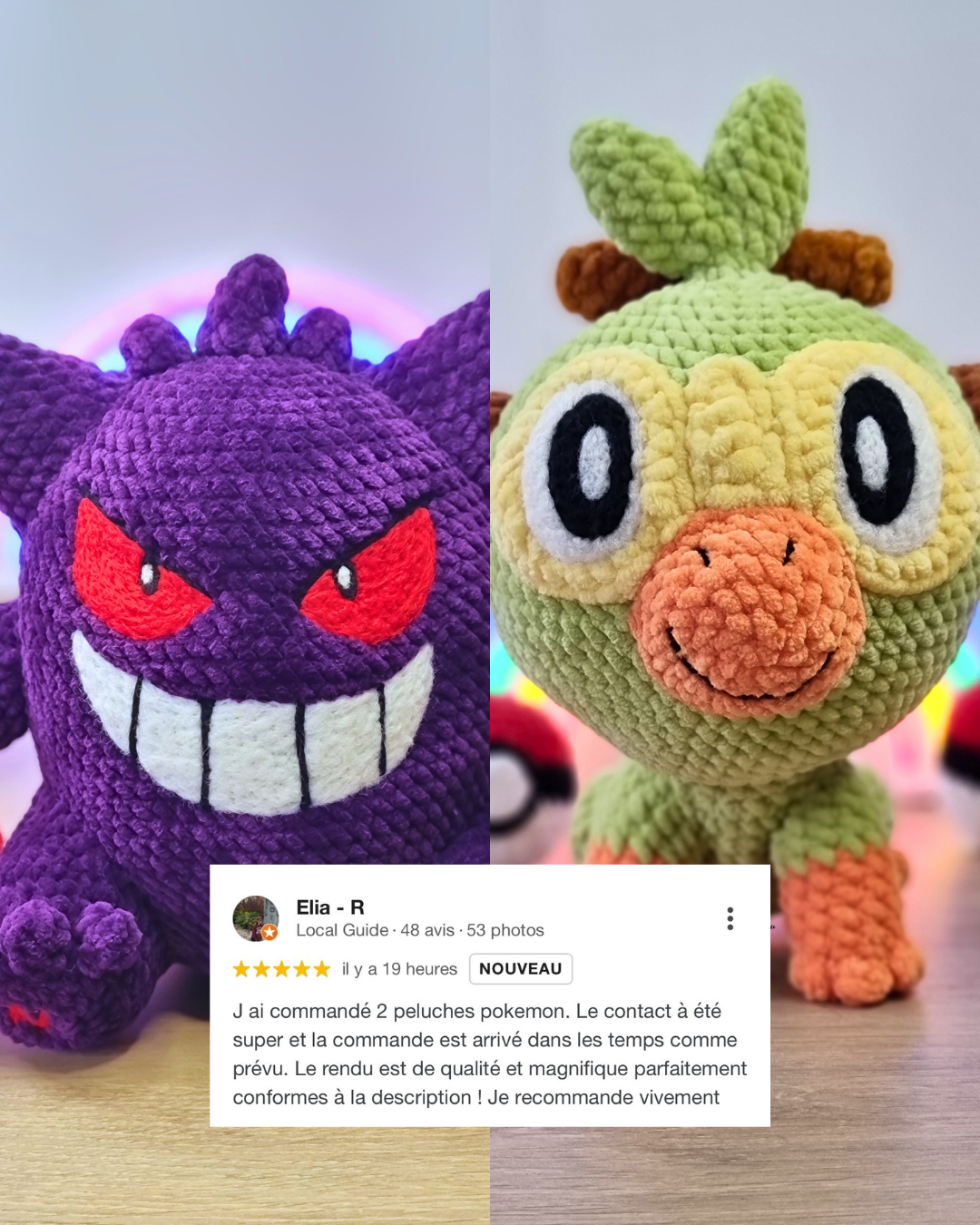 Ectoplasma Ouistempo Pokemon fait main crochet piece unique commande sur mesure Zaliu l'atelier Crochet amigurumi normandie laine cardée needle felting velours Gengar Grookey