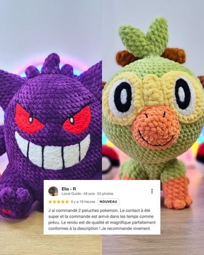 Ectoplasma Ouistempo Pokemon fait main crochet piece unique commande sur mesure Zaliu l'atelier Crochet amigurumi normandie laine cardée needle felting velours Gengar Grookey