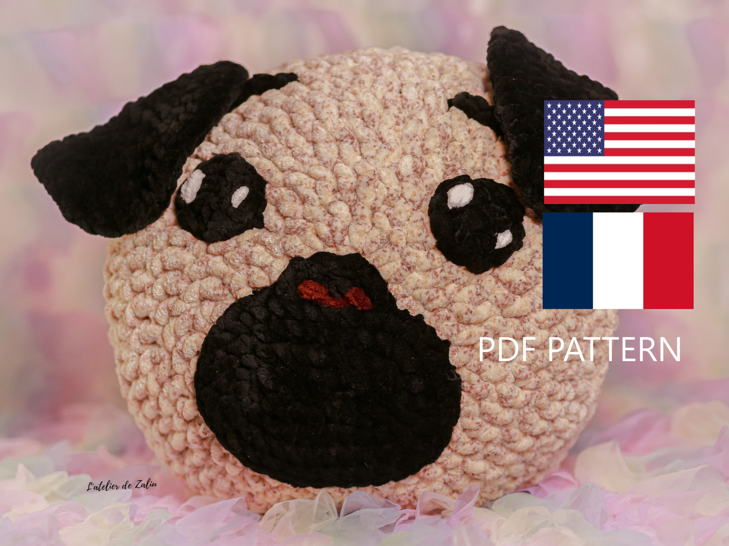 Coussin pillow pug carlin crochet pattern patron amigurumi peluche fais main france qualité normandie franckie franck le pug le carlin crocheter patron sweet doux jumbo jumboyarn