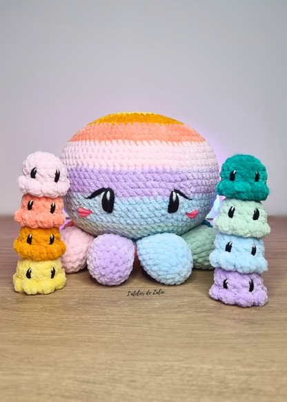 Maman poulpe et ses bébés peluches faites mains interactives Normandie L'atelier de Zaliu modèle unique grand format amigurumi crochet 
