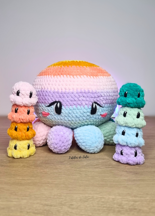 Maman poulpe et ses bébés peluches faites mains interactives Normandie L'atelier de Zaliu modèle unique grand format amigurumi crochet 
